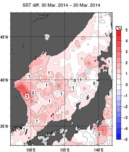 日本海の10日間の海面水温変化量分布図（3月30日）