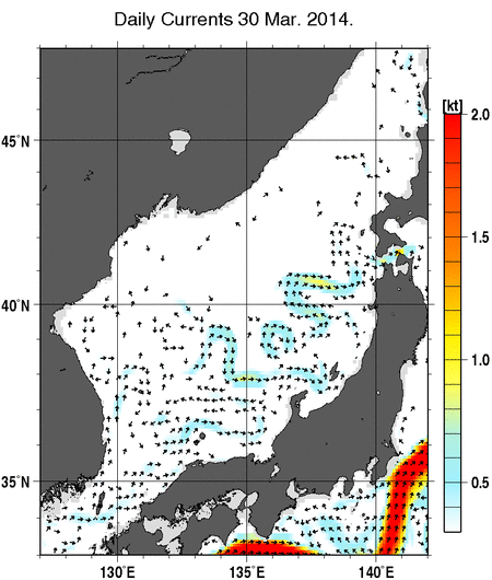 日本海の深さ50mの海流分布図（3月30日）