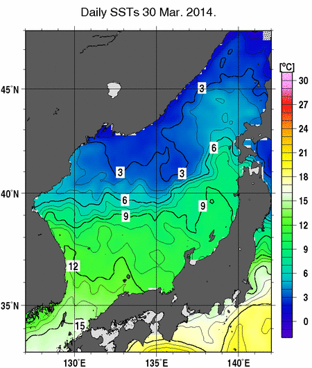 日本海の海面水温分布図（3月30日）