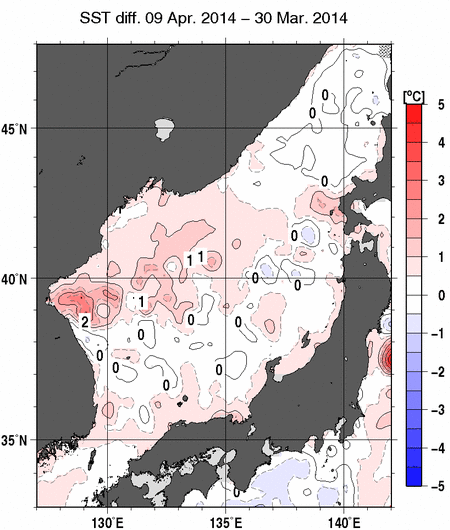 日本海の10日間の海面水温変化量分布図（4月9日）