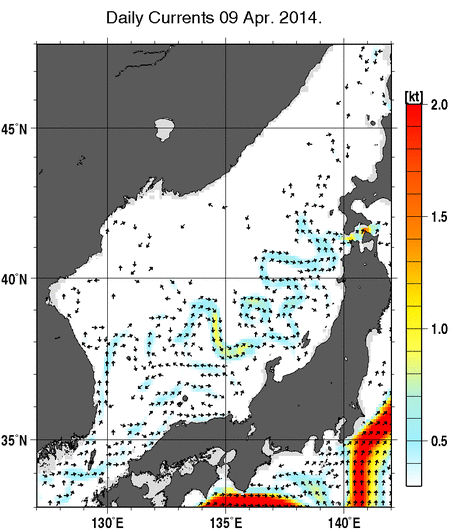 日本海の深さ50mの海流分布図（4月9日）