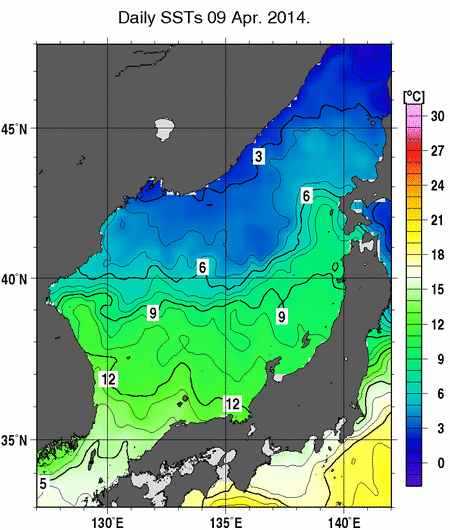 日本海の海面水温分布図（4月9日）