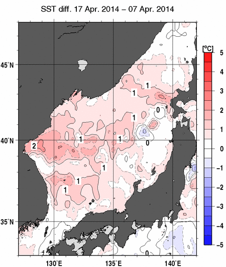 日本海の10日間の海面水温変化量分布図（4月17日）