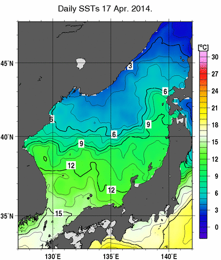 日本海の海面水温分布図（4月17日）