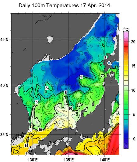 日本海の深さ100mの水温分布図（4月17日）