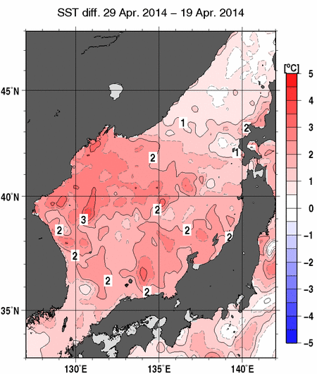 日本海の10日間の海面水温変化量分布図（4月29日）