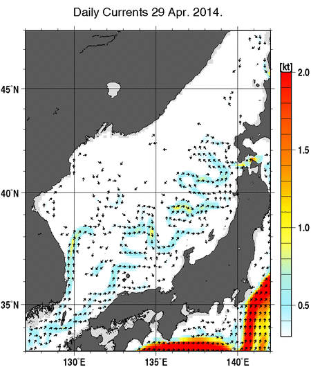 日本海の深さ50mの海流分布図（4月29日）