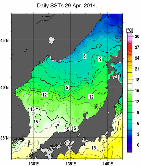 日本海の海面水温分布図（4月29日）