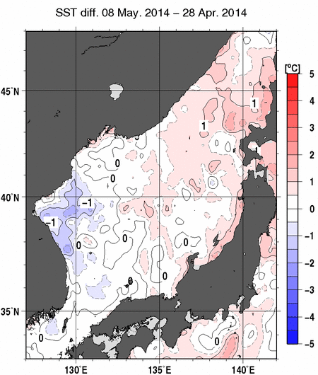 日本海の10日間の海面水温変化量分布図（5月8日）