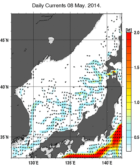 日本海の深さ50mの海流分布図（5月8日）