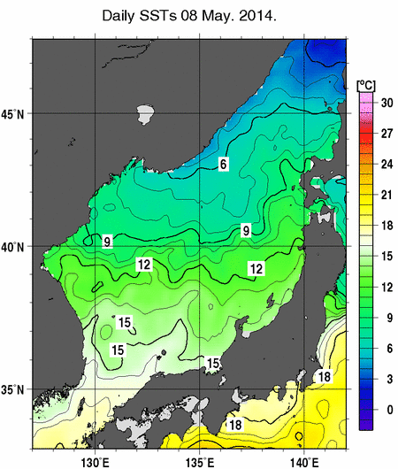 日本海の海面水温分布図（5月8日）