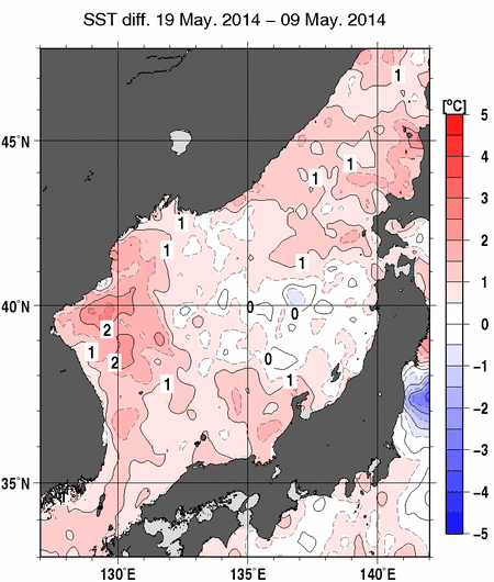 日本海の10日間の海面水温変化量分布図（5月19日）