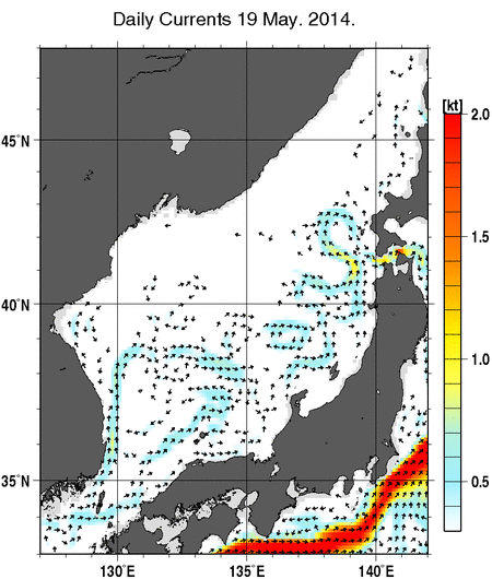 日本海の深さ50mの海流分布図（5月19日）