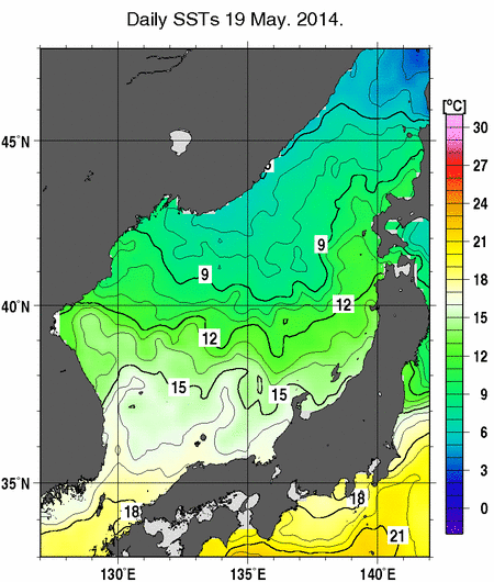 日本海の海面水温分布図（5月19日）