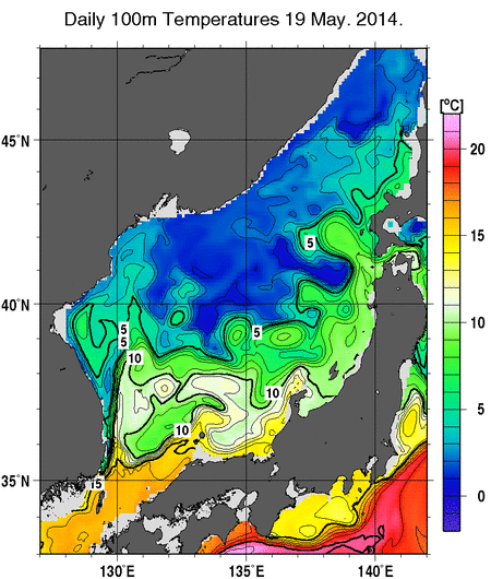 日本海の深さ100mの水温分布図（5月19日）