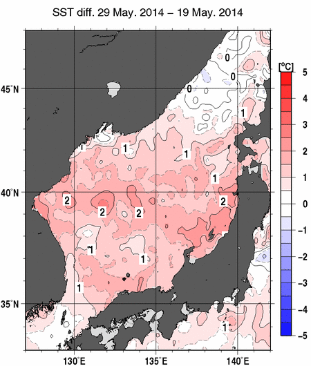 日本海の10日間の海面水温変化量分布図（5月29日）