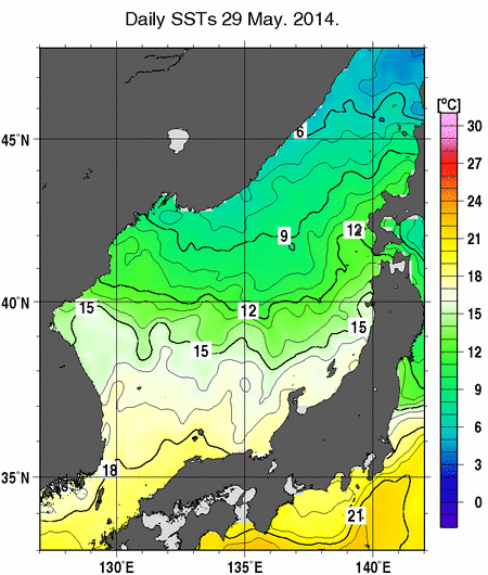 日本海の海面水温分布図（5月29日）