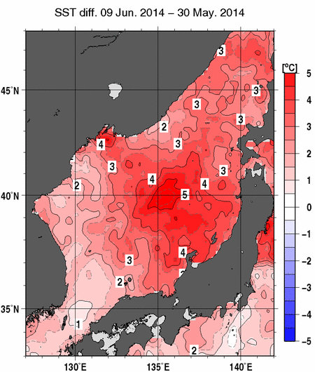 日本海の10日間の海面水温変化量分布図（6月9日）