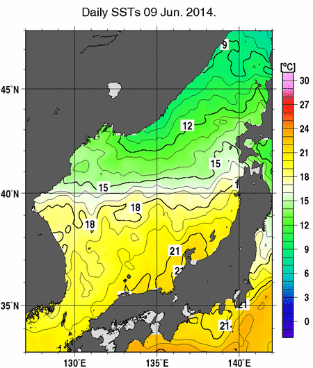 日本海の海面水温分布図（6月9日）