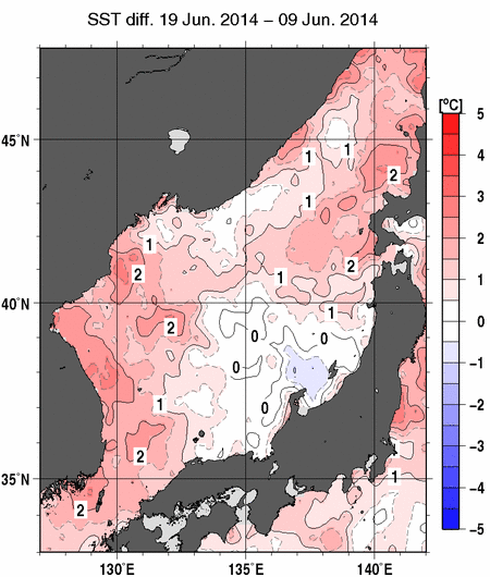 日本海の10日間の海面水温変化量分布図（6月19日）