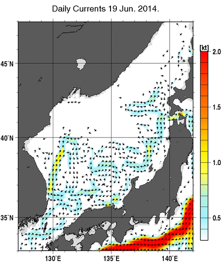 日本海の深さ50mの海流分布図（6月19日）