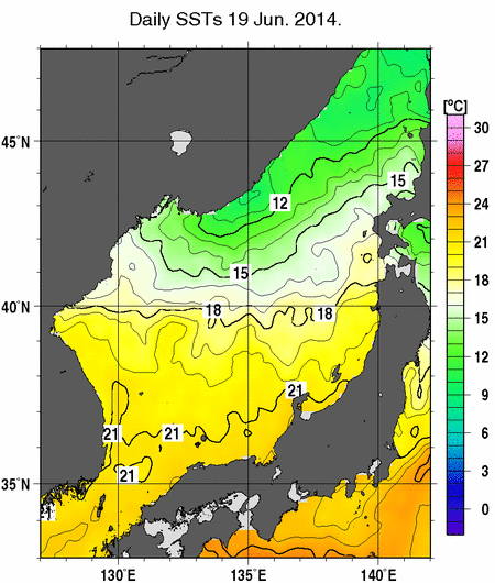 日本海の海面水温分布図（6月19日）