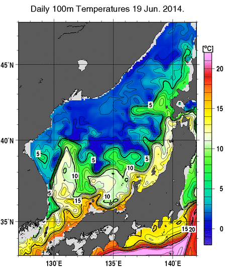 日本海の深さ100mの水温分布図（6月19日）