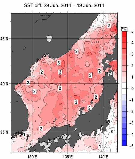 日本海の10日間の海面水温変化量分布図（6月29日）