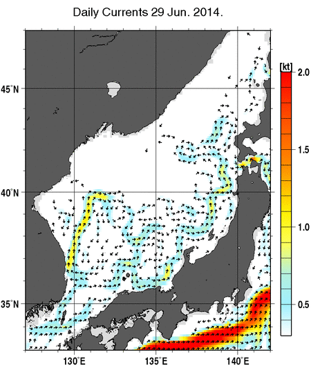 日本海の深さ50mの海流分布図（6月29日）