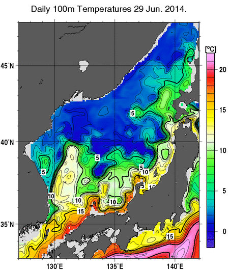 日本海の深さ100mの水温分布図（6月29日）