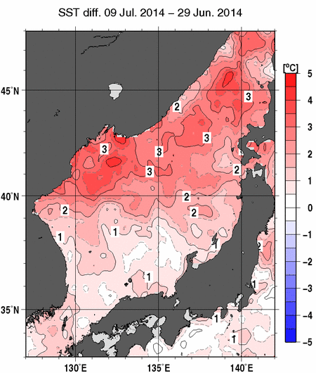 日本海の10日間の海面水温変化量分布図（7月9日）