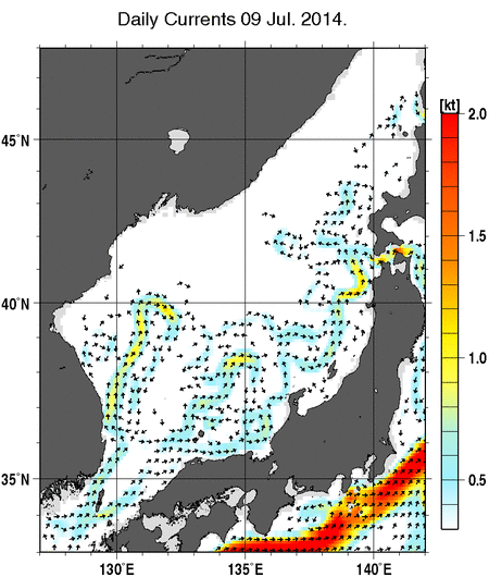 日本海の深さ50mの海流分布図（7月9日）