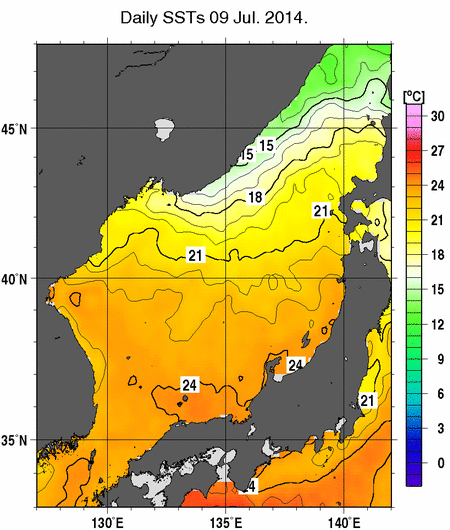 日本海の海面水温分布図（7月9日）