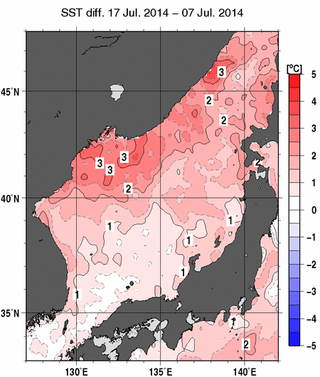 日本海の10日間の海面水温変化量分布図（7月17日）