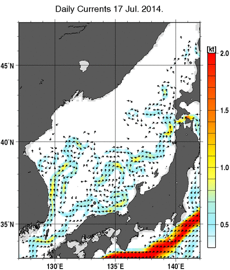 日本海の深さ50mの海流分布図（7月17日）