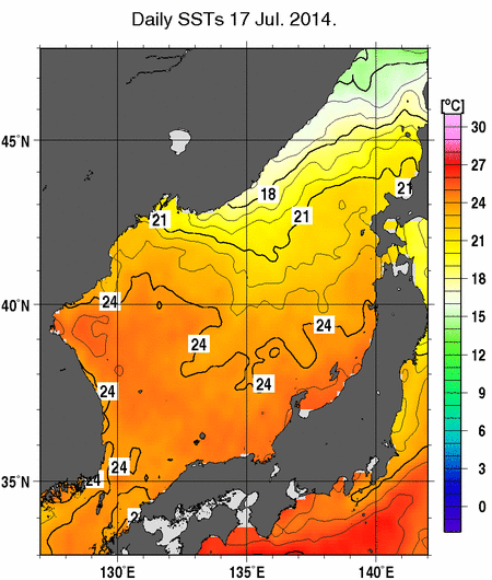 日本海の海面水温分布図（7月17日）