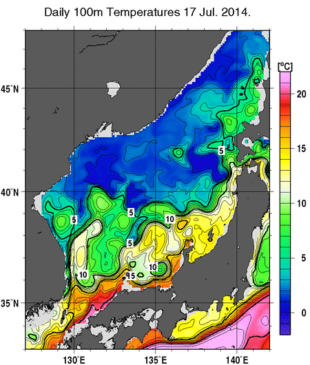 日本海の深さ100mの水温分布図（7月17日）