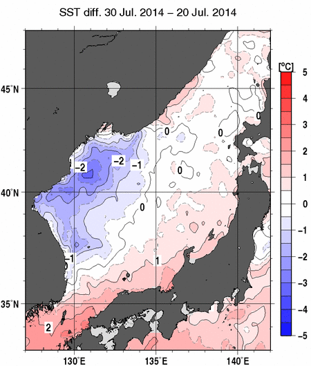 日本海の10日間の海面水温変化量分布図（7月30日）