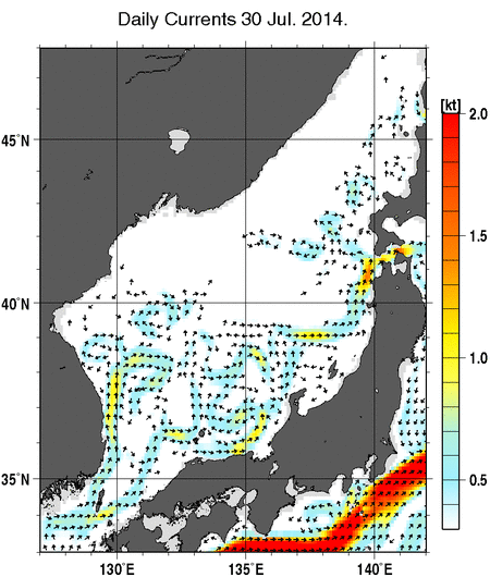 日本海の深さ50mの海流分布図（7月30日）