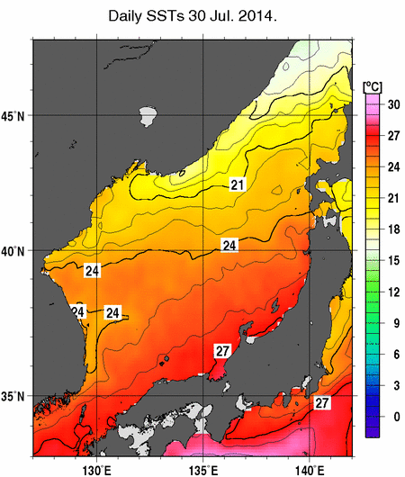 日本海の海面水温分布図（7月30日）