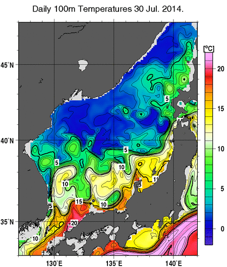 日本海の深さ100mの水温分布図（7月30日）