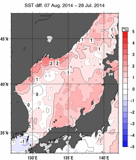 日本海の10日間の海面水温変化量分布図（8月7日）