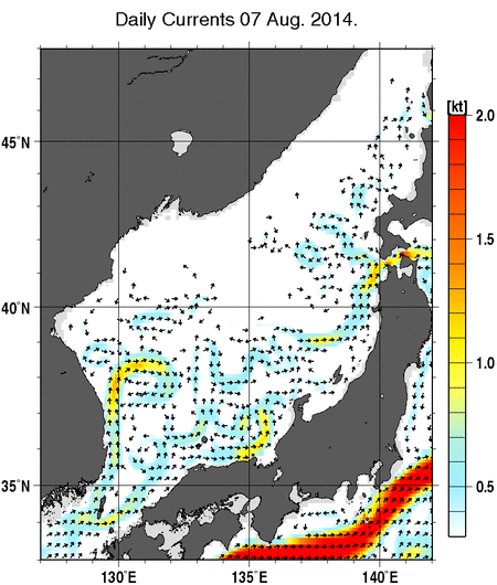 日本海の深さ50mの海流分布図（8月7日）