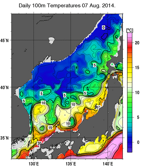 日本海の深さ100mの水温分布図（8月7日）