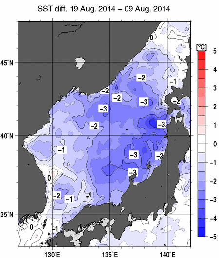 日本海の10日間の海面水温変化量分布図（8月19日）