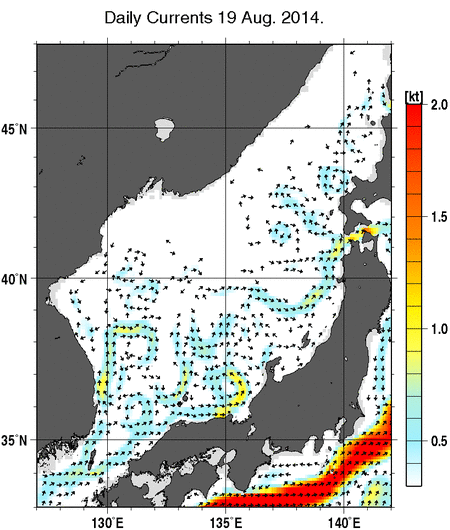 日本海の深さ50mの海流分布図（8月19日）