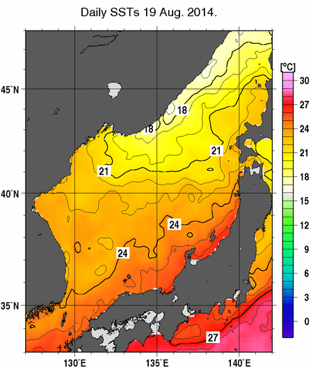 日本海の海面水温分布図（8月19日）