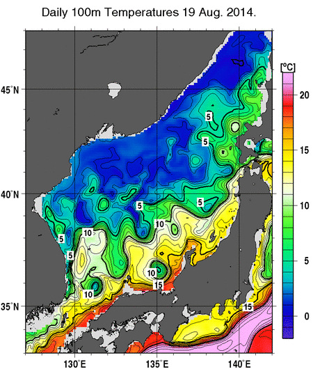 日本海の深さ100mの水温分布図（8月19日）