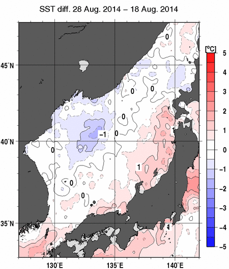 日本海の10日間の海面水温変化量分布図（8月28日）