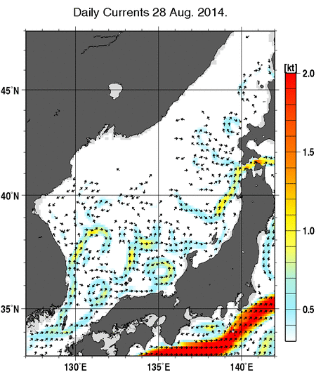 日本海の深さ50mの海流分布図（8月28日）